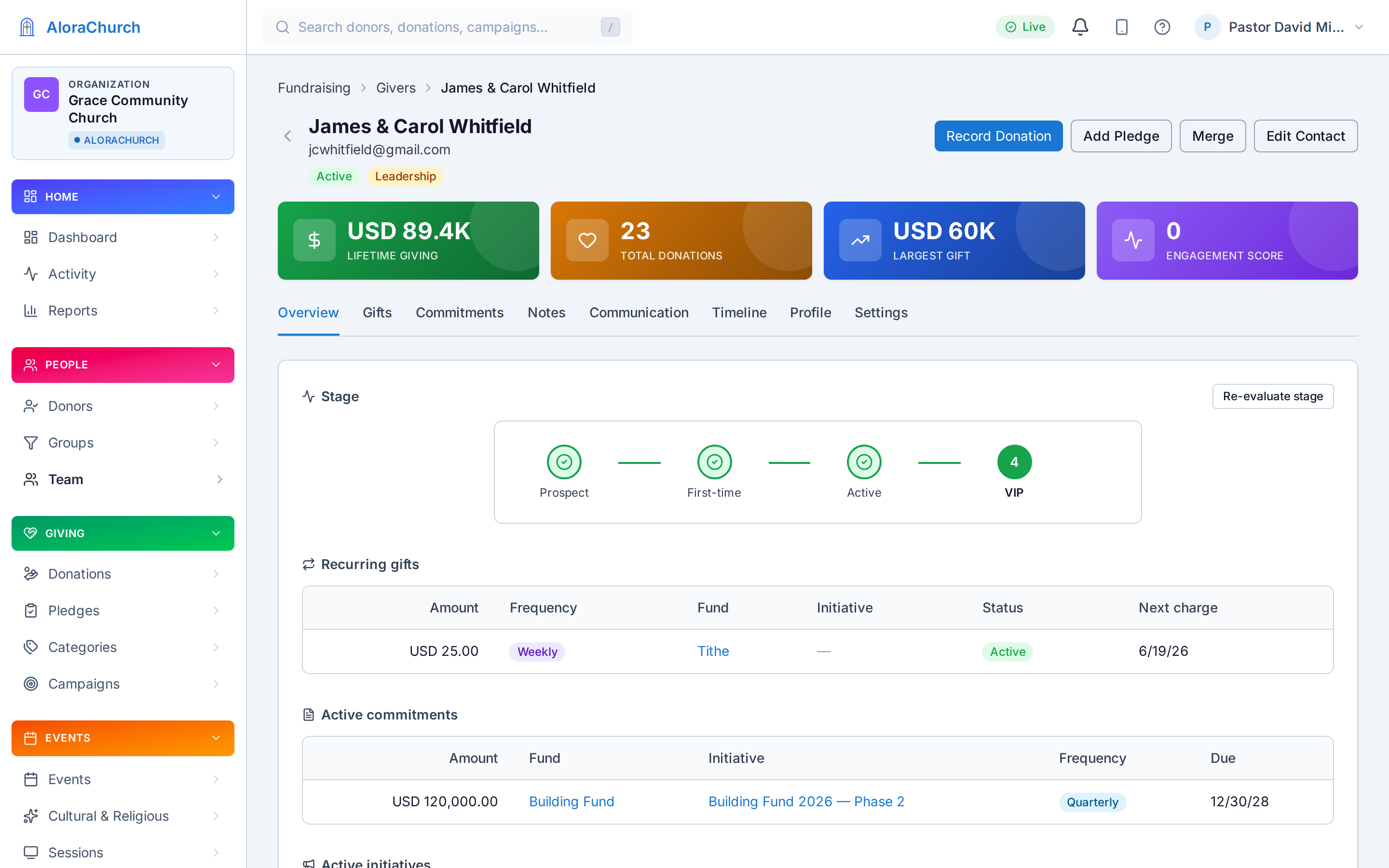 Giver profile with giving history and contact details