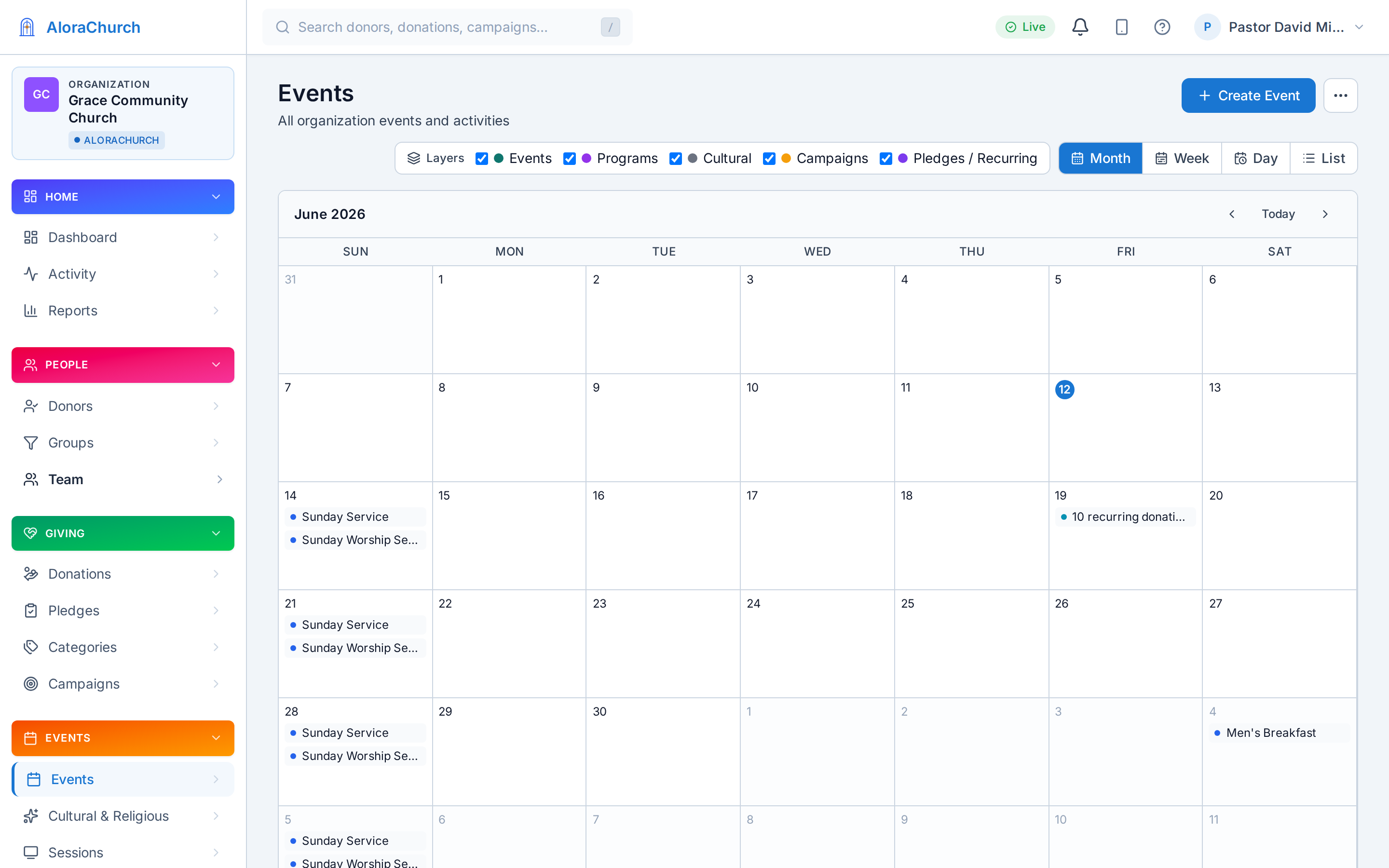 Events — services, classes, and dinners with RSVP