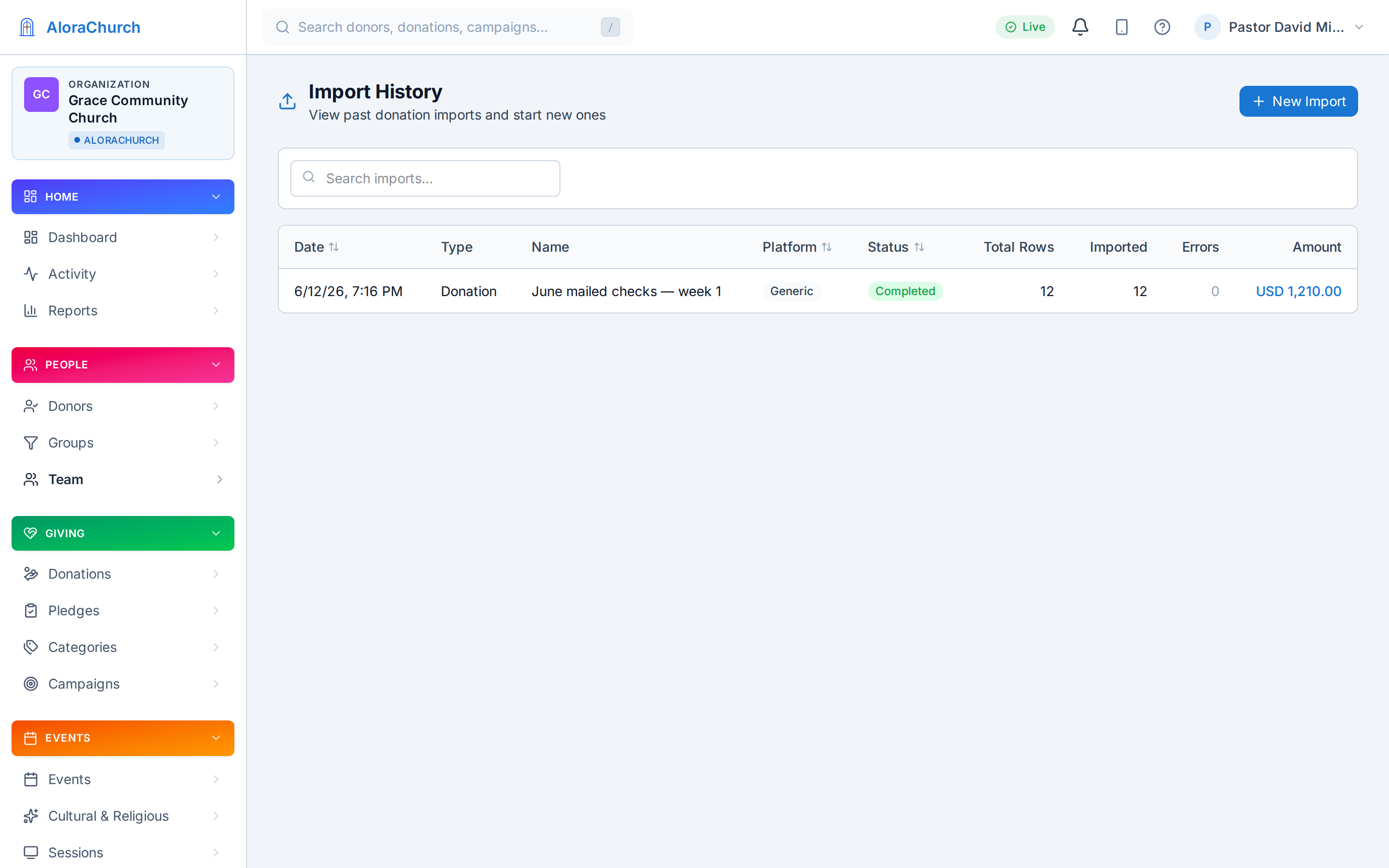 Data import history in AloraChurch