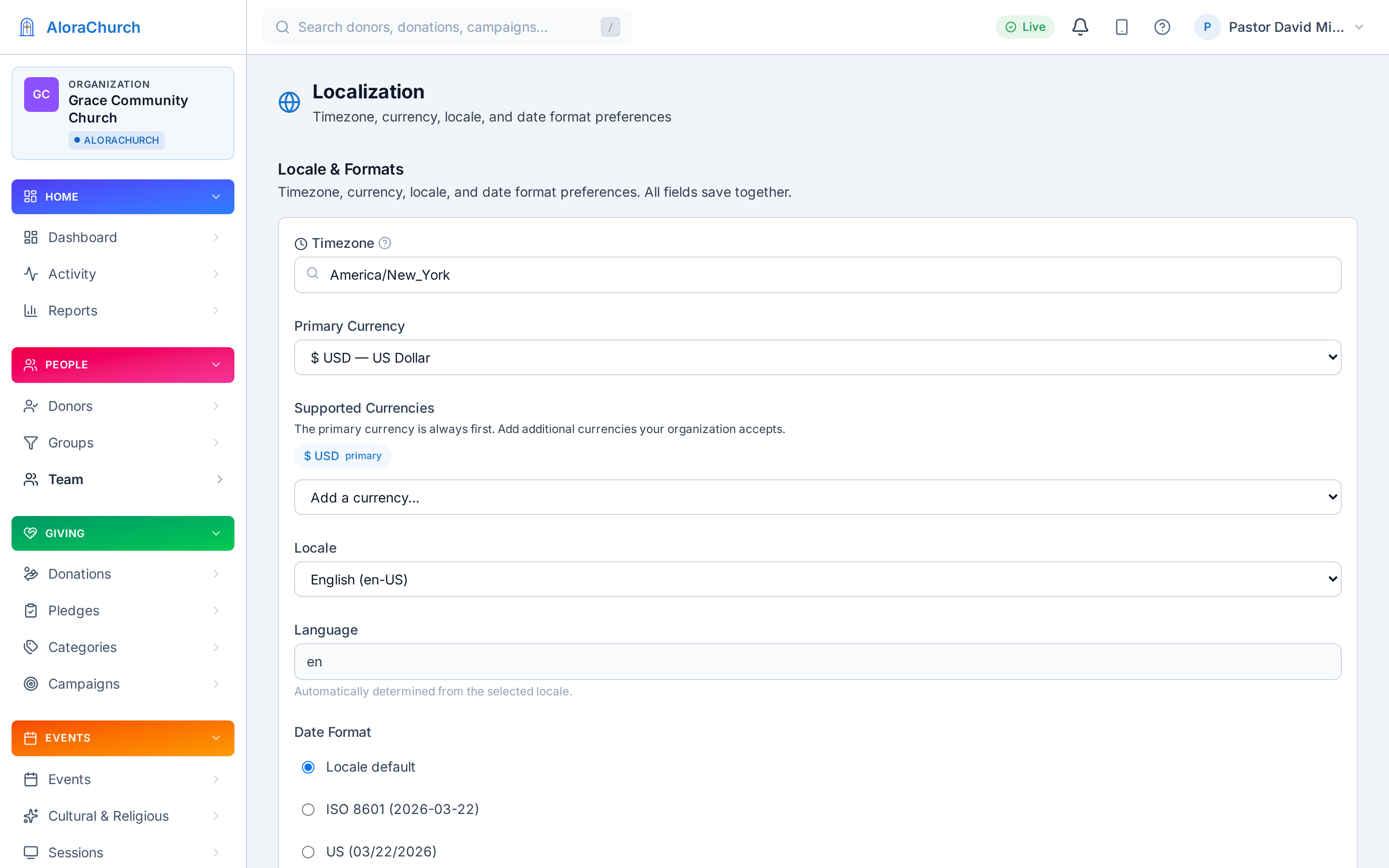 Organization localization settings — timezone, locale, currency, date format
